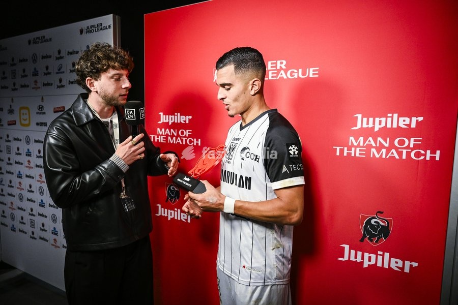 STVV's Ilias Sebaoui receives the Jupiler Man of the Match award from DAZN's Thijs Vloebergh at a soccer match between KV Mechelen and Sint-Truiden VV, Sunday 11 October 2026 in Mechelen, on day 8 of the 2026-2027 'Jupiler Pro League' first division of the Belgian championship