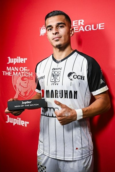 STVV's Ilias Sebaoui receives the Jupiler Man of the Match award at a soccer match between KV Mechelen and Sint-Truiden VV, Sunday 11 October 2026 in Mechelen, on day 8 of the 2026-2027 'Jupiler Pro League' first division of the Belgian championship