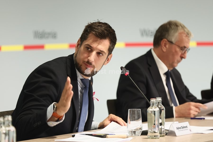 Walloon Minister President Adrien Dolimont pictured during a press conference of the Walloon Government on the budget 2027, Monday 12 October 2026 ,in Jambes, Namur
