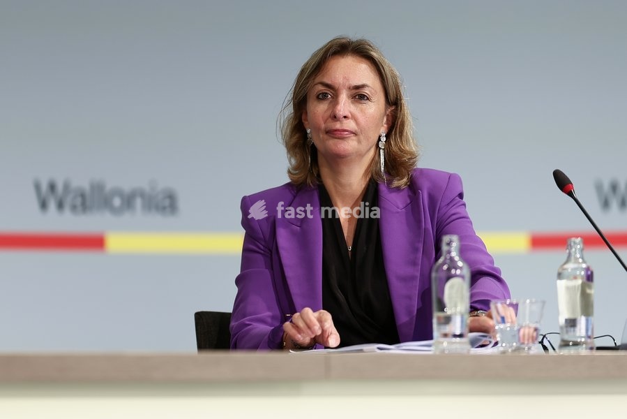 Walloon Minister of Tourism, Heritage, Early Childhood Infrastructure Valerie Lescrenier pictured during a press conference of the Walloon Government on the budget 2027, Monday 12 October 2026 ,in Jambes, Namur