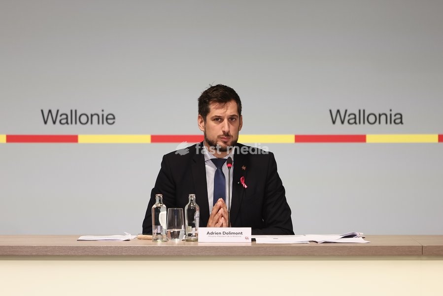 Walloon Minister President Adrien Dolimont pictured during a press conference of the Walloon Government on the budget 2027, Monday 12 October 2026 ,in Jambes, Namur
