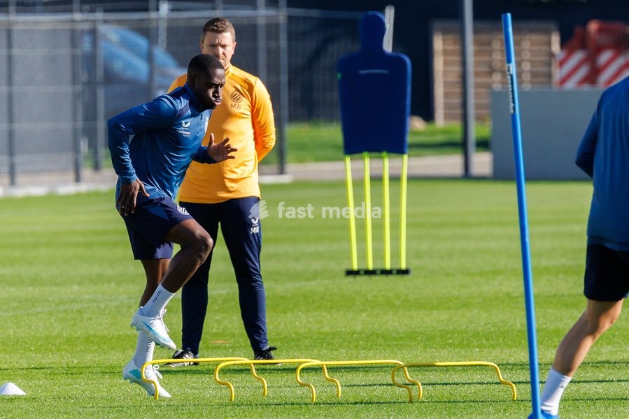 Club's Carlos Forbs pictured in action during a training session of Belgian soccer team Club Brugge KV, Monday 12 October 2026 in Knokke-Heist. Club is preparing for the the UEFA Champions League league phase game against Italian Inter Milan