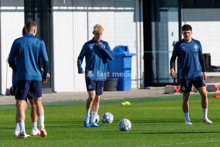Club's players pictured in action during a training session of Belgian soccer team Club Brugge KV, Monday 12 October 2026 in Knokke-Heist. Club is preparing for the the UEFA Champions League league phase game against Italian Inter Milan