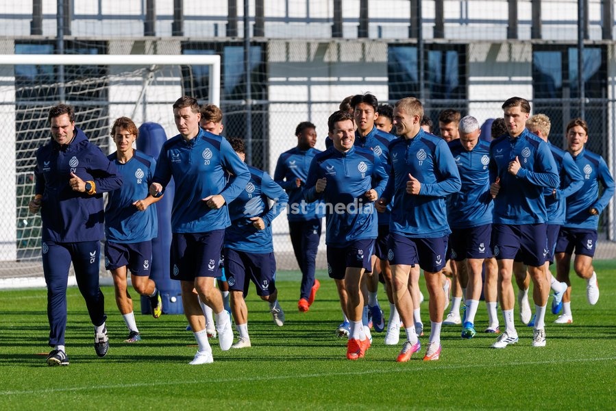 Club's players pictured in action during a training session of Belgian soccer team Club Brugge KV, Monday 12 October 2026 in Knokke-Heist. Club is preparing for the the UEFA Champions League league phase game against Italian Inter Milan