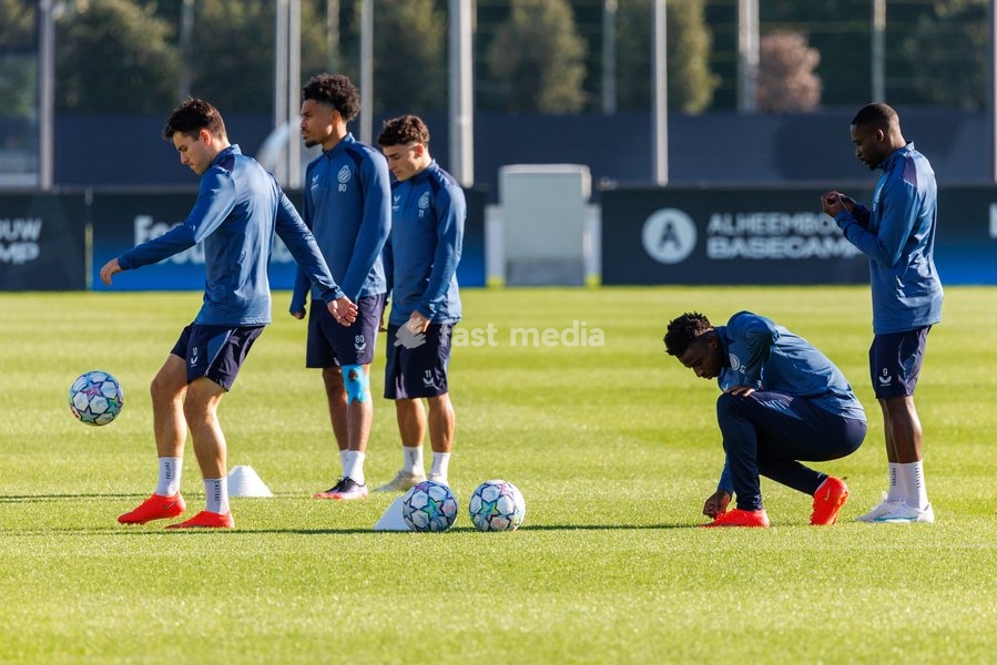 Club's players pictured in action during a training session of Belgian soccer team Club Brugge KV, Monday 12 October 2026 in Knokke-Heist. Club is preparing for the the UEFA Champions League league phase game against Italian Inter Milan