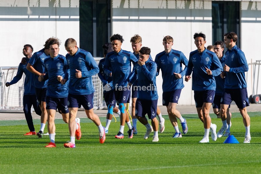 Club's players pictured in action during a training session of Belgian soccer team Club Brugge KV, Monday 12 October 2026 in Knokke-Heist. Club is preparing for the the UEFA Champions League league phase game against Italian Inter Milan