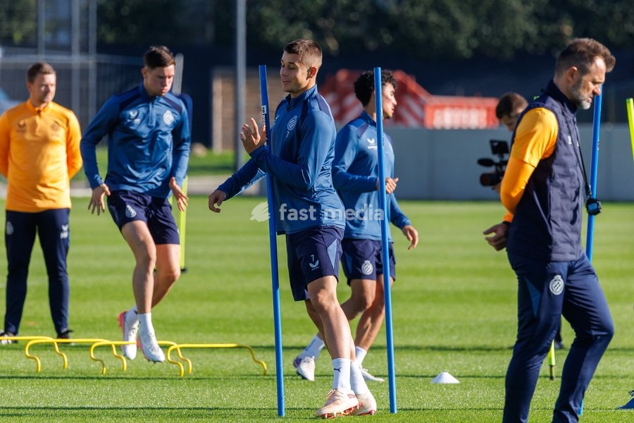 Club's Nicolo Tresoldi pictured in action during a training session of Belgian soccer team Club Brugge KV, Monday 12 October 2026 in Knokke-Heist. Club is preparing for the the UEFA Champions League league phase game against Italian Inter Milan