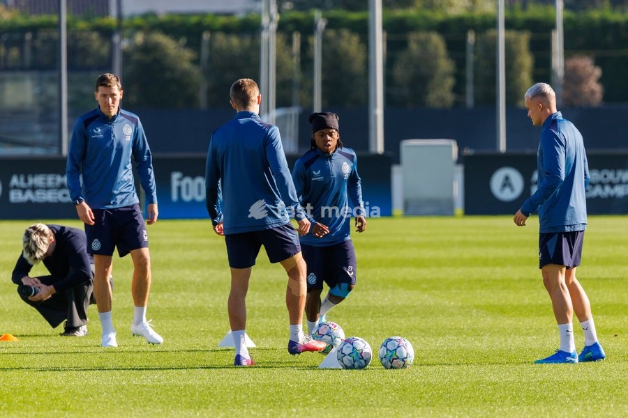 Club's players pictured in action during a training session of Belgian soccer team Club Brugge KV, Monday 12 October 2026 in Knokke-Heist. Club is preparing for the the UEFA Champions League league phase game against Italian Inter Milan