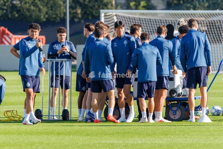 Club's players pictured in action during a training session of Belgian soccer team Club Brugge KV, Monday 12 October 2026 in Knokke-Heist. Club is preparing for the the UEFA Champions League league phase game against Italian Inter Milan