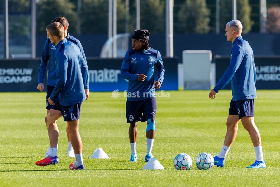 Club's players pictured in action during a training session of Belgian soccer team Club Brugge KV, Monday 12 October 2026 in Knokke-Heist. Club is preparing for the the UEFA Champions League league phase game against Italian Inter Milan