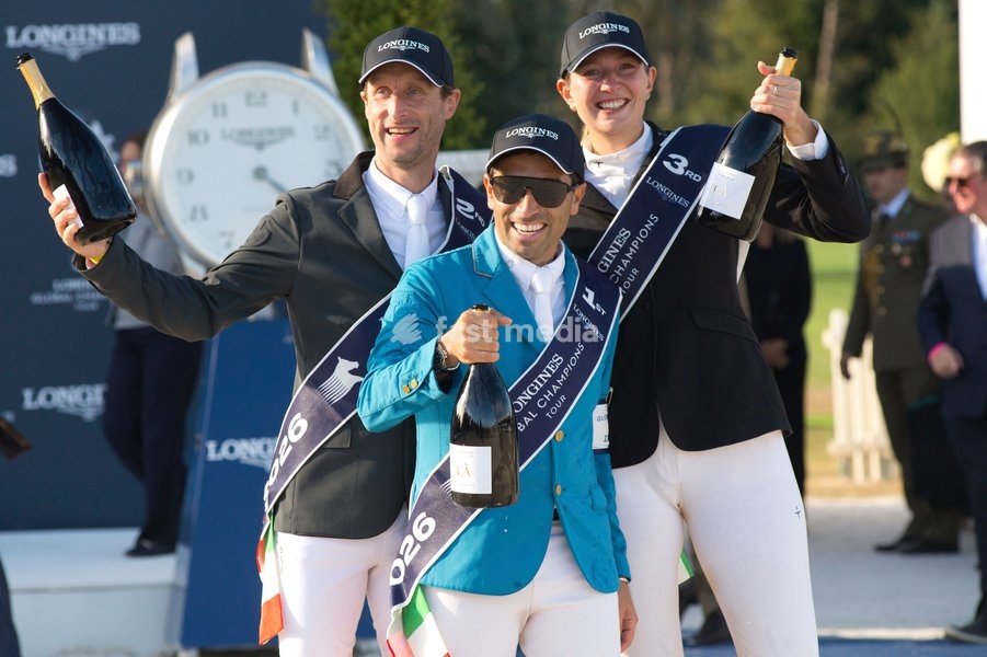 Italy, Rome, 11 October, 2026 - Longines Global Champions Tour Rome. Pietro Giannattasio Military Hippodrome, Pictured : Pieter Devos - Abdel Savod - Lara Tryba Photo