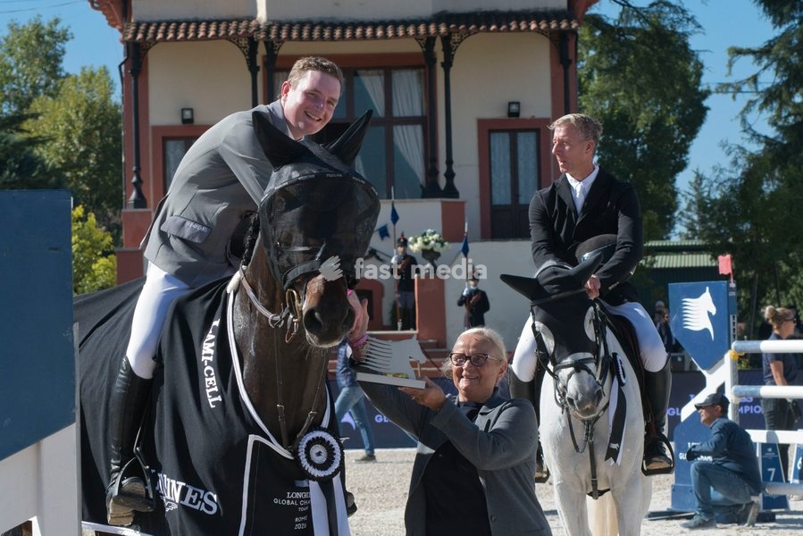 Italy, Rome, 11 October, 2026 - Longines Global Champions Tour Rome. Pietro Giannattasio Military Hippodrome, Pictured :CIARAN NALLON ON CHRISTIANS NARADO AND JUR VRIELING ON NIKKY VERA Photo