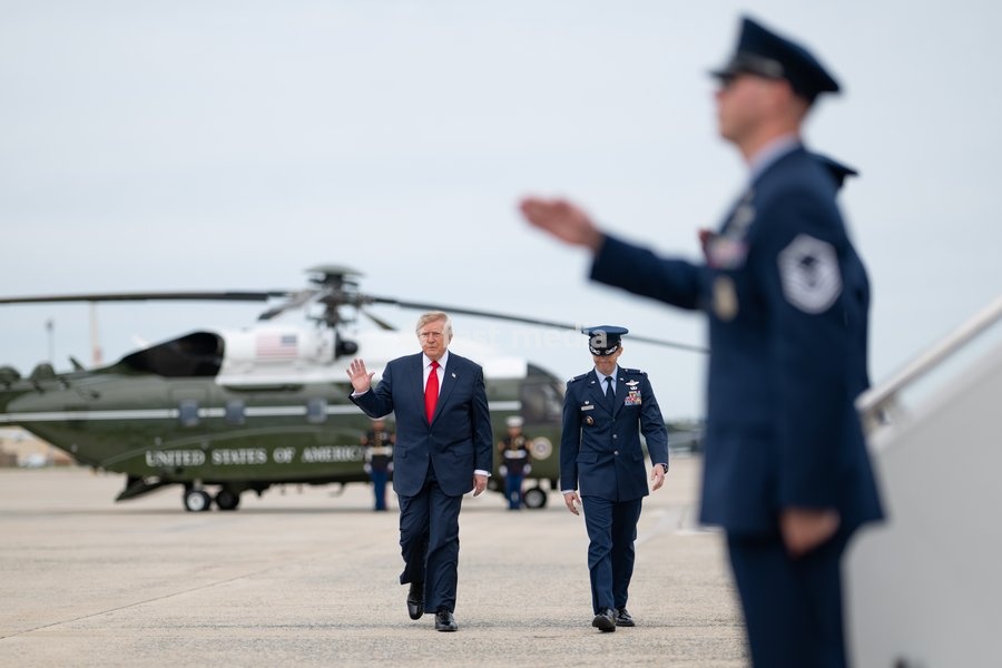 President Donald J. Trump disembarks Marine One at Joint Base Andrews, Maryland on Saturday, October 10, 2026, and boards Air Force One en route Campbell Army Airfield in Fort Campbell, Kentucky