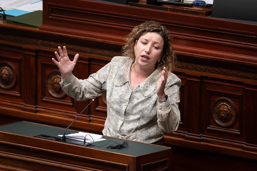 Ecolo's Sarah Schlitz pictured during a plenary session of the Chamber at the federal parliament in Brussels., Tuesday 13 October 2026. Today's session was organized for the Prime Minister to deliver his State of the Union speech, but this was cancelled as an agreement on the budget still has to be…
