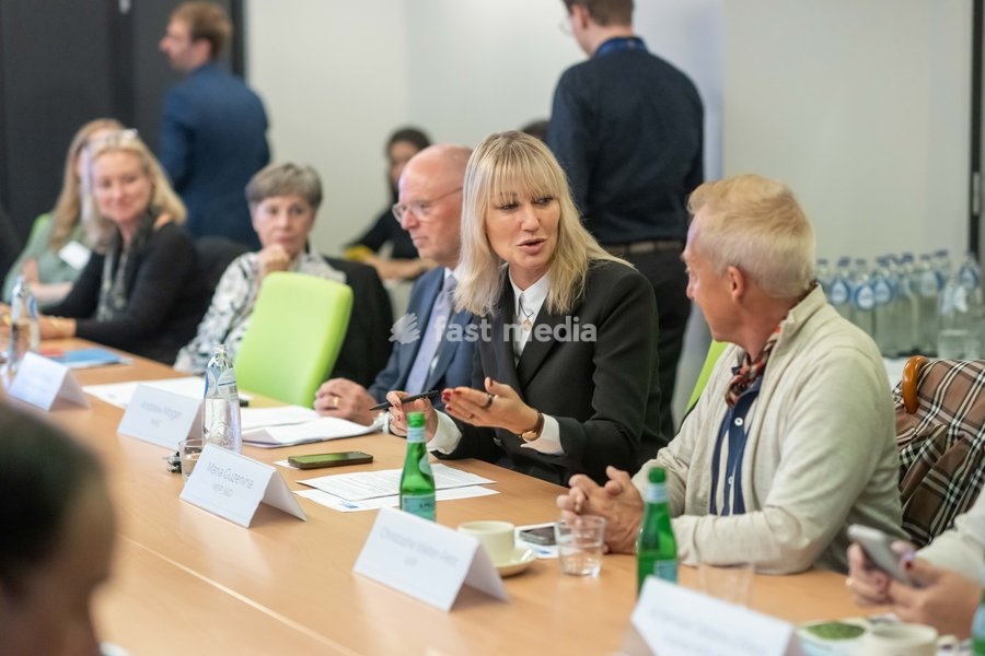 European Parliament MEP Maria Guzenina (C) is pictured at a meeting of the News Media Coalition (NMC) on Tuesday 13 October 2026, in Brussels
