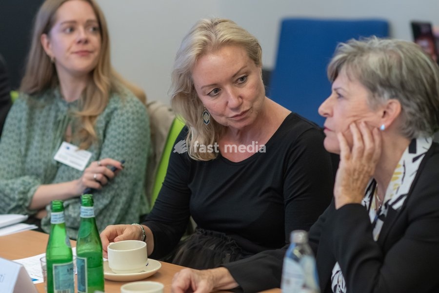 Foreign Press Association Director Deborah Bonetti (C) is pictured during a meeting of the News Media Coalition (NMC) on Tuesday 13 October 2026, in Brussels