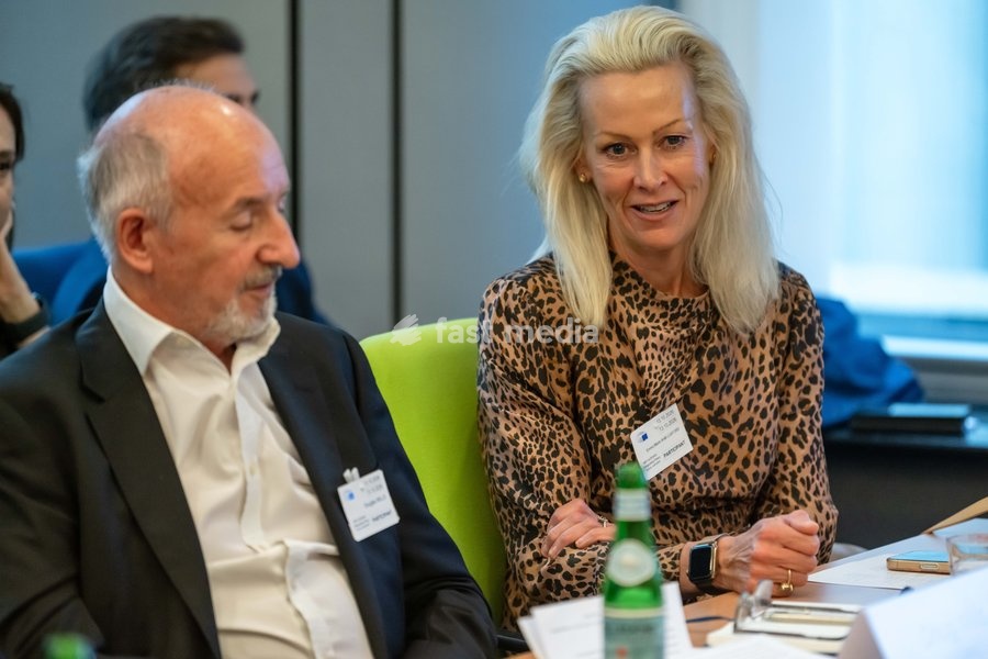 Director at News Media Coalition Limited, Emma Marie Antill Luxford (R) is pictured during a meeting of the News Media Coalition (NMC) on Tuesday 13 October 2026, in Brussels