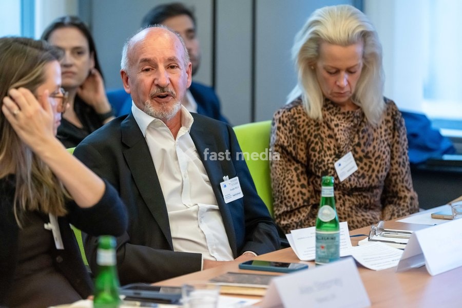 Evening Standard Emeritus Editor Doug Wills (C) is pictured during a meeting of the News Media Coalition (NMC) on Tuesday 13 October 2026, in Brussels