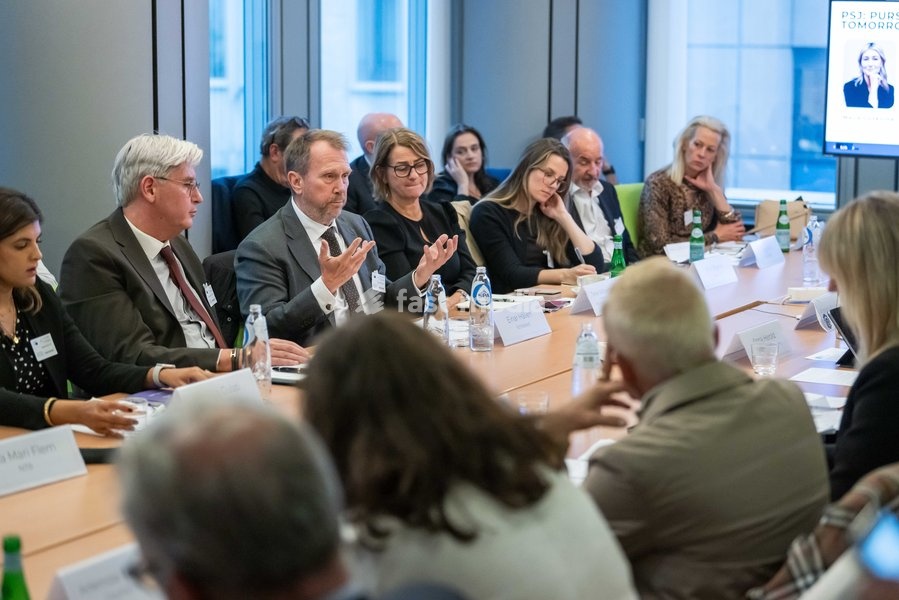 Schibsted Senior Public Policy Adviser Einar Hålien (3L) is pictured during a meeting of the News Media Coalition (NMC) on Tuesday 13 October 2026, in Brussels