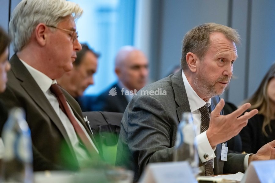 Schibsted Senior Public Policy Adviser Einar Hålien (R) is pictured during a meeting of the News Media Coalition (NMC) on Tuesday 13 October 2026, in Brussels