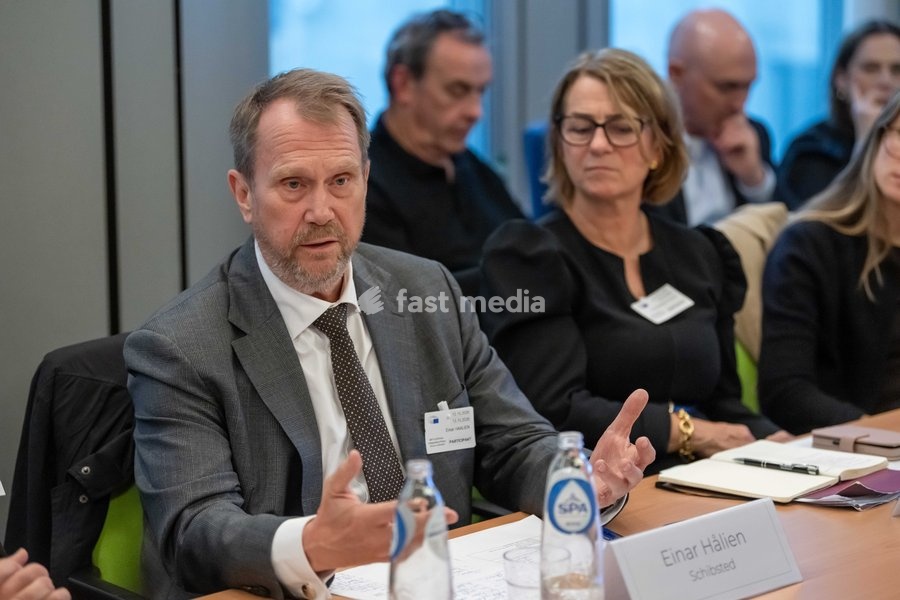 Schibsted Senior Public Policy Adviser Einar Hålien (L) is pictured during a meeting of the News Media Coalition (NMC) on Tuesday 13 October 2026, in Brussels