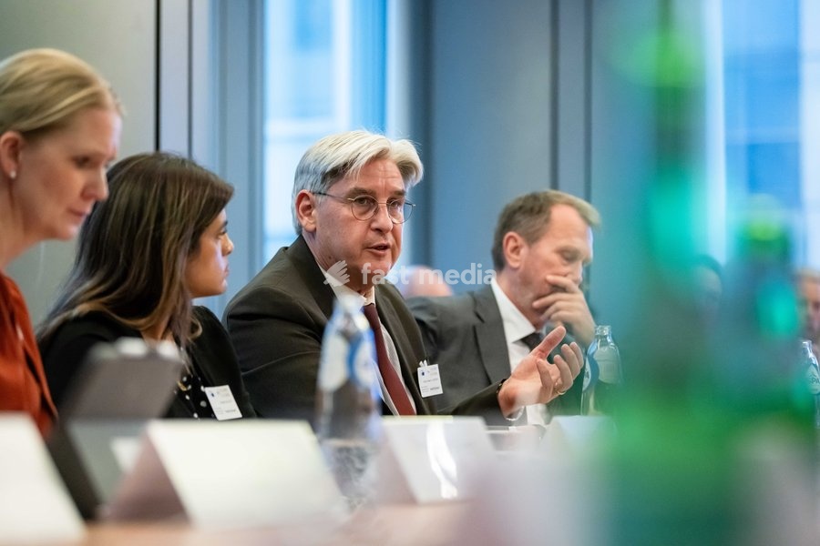 Belga CEO Patrick Lacroix (C) is pictured during a meeting of the News Media Coalition (NMC) on Tuesday 13 October 2026, in Brussels