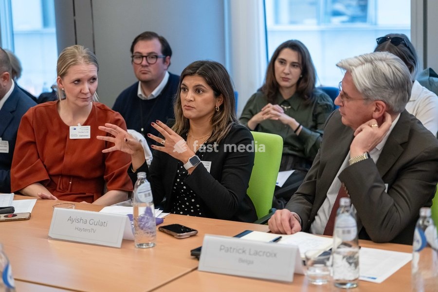 HaytersTV Journalist Ayisha Gulati (C) is pictured during a meeting of the News Media Coalition (NMC) on Tuesday 13 October 2026, in Brussels