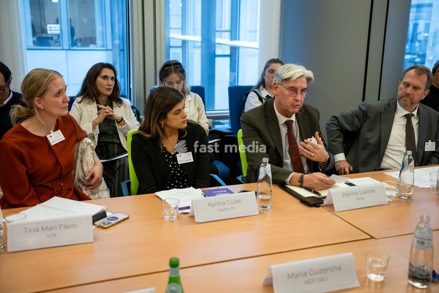 Belga CEO Patrick Lacroix (3L) is pictured during a meeting of the News Media Coalition (NMC) on Tuesday 13 October 2026, in Brussels