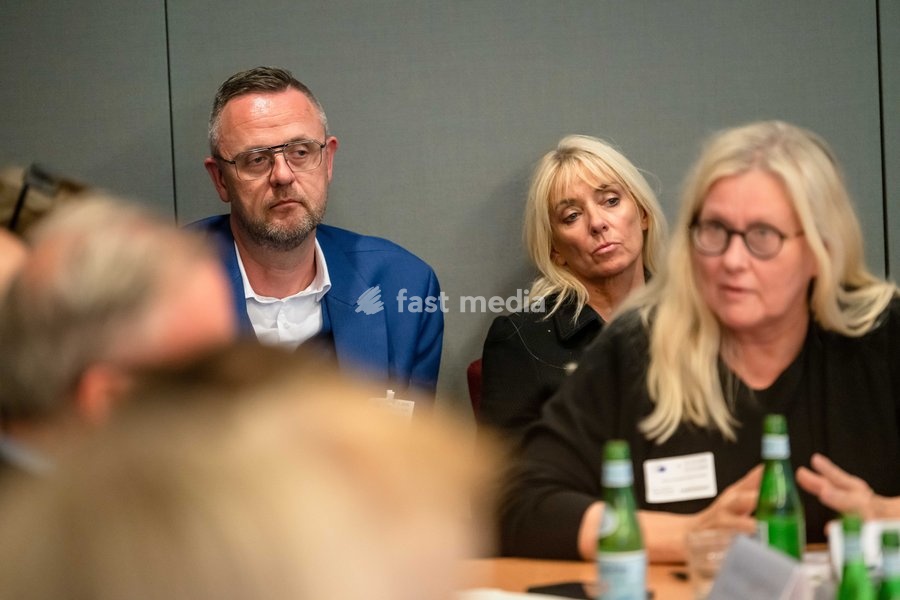 Belga Editor in Chief Hans Vandendriessche (L) is pictured during a meeting of the News Media Coalition (NMC) on Tuesday 13 October 2026, in Brussels