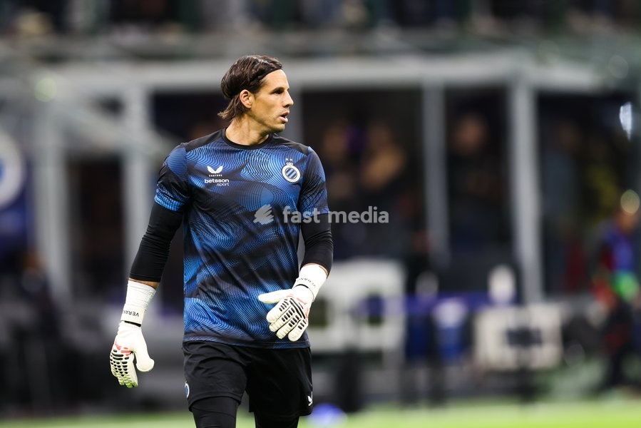 Club's goalkeeper Yann Sommer pictured in action during the warming-up for a soccer game between Italian Inter Milan and Belgian Club Brugge KV, Tuesday 13 October 2026 in Milan, Italy, on day 2 of the UEFA Champions League league phase