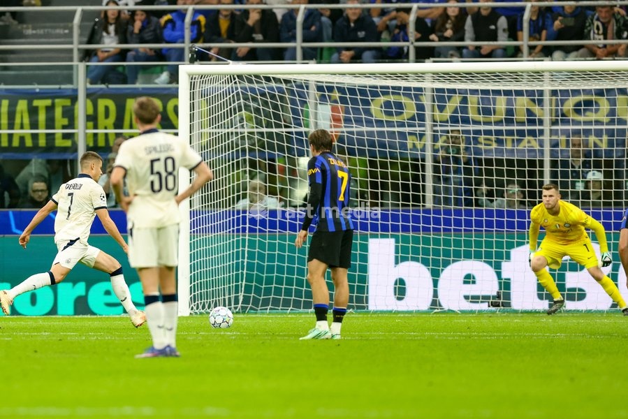 Club's Nicolo Tresoldi scores from penalty during a soccer game between Italian Inter Milan and Belgian Club Brugge KV, Tuesday 13 October 2026 in Milan, Italy, on day 2 of the UEFA Champions League league phase
