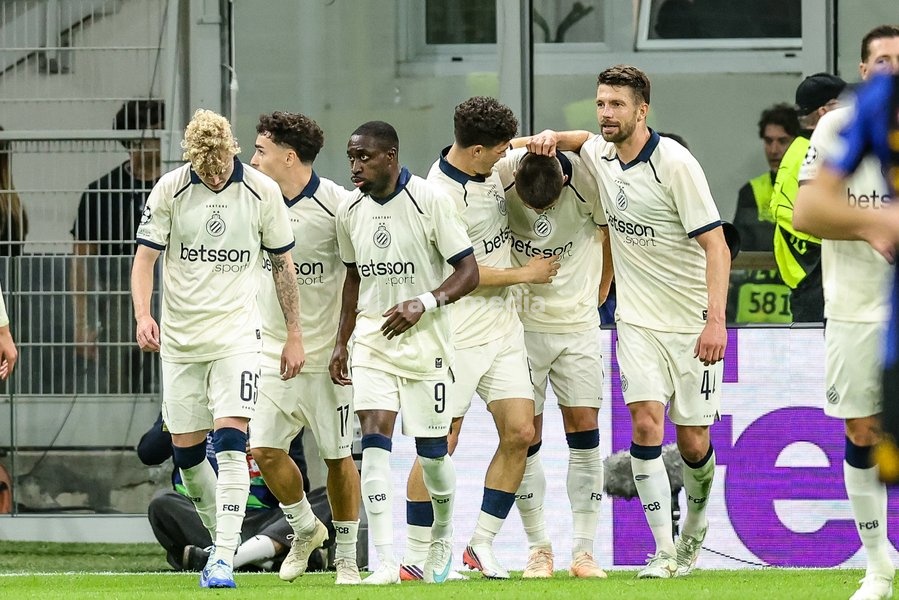 Club's Nicolo Tresoldi celebrates after scoring during a soccer game between Italian Inter Milan and Belgian Club Brugge KV, Tuesday 13 October 2026 in Milan, Italy, on day 2 of the UEFA Champions League league phase