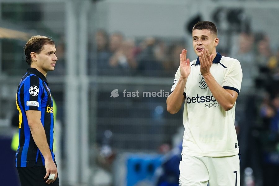 Club's Nicolo Tresoldi celebrates after scoring during a soccer game between Italian Inter Milan and Belgian Club Brugge KV, Tuesday 13 October 2026 in Milan, Italy, on day 2 of the UEFA Champions League league phase