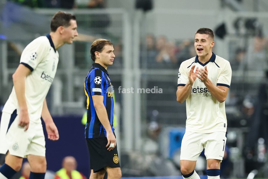 Club's Nicolo Tresoldi celebrates after scoring during a soccer game between Italian Inter Milan and Belgian Club Brugge KV, Tuesday 13 October 2026 in Milan, Italy, on day 2 of the UEFA Champions League league phase
