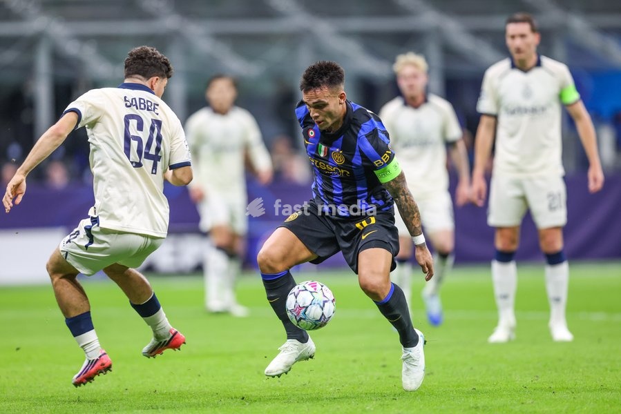 Inter's Lautaro Martinez is pictured in action during a soccer game between Italian Inter Milan and Belgian Club Brugge KV, Tuesday 13 October 2026 in Milan, Italy, on day 2 of the UEFA Champions League league phase