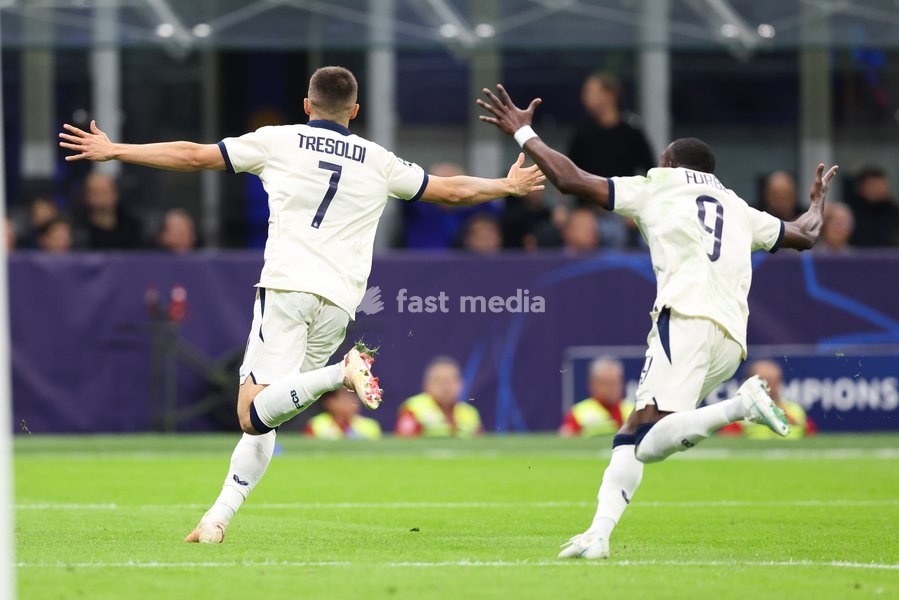 Club's Nicolo Tresoldi celebrates after scoring during a soccer game between Italian Inter Milan and Belgian Club Brugge KV, Tuesday 13 October 2026 in Milan, Italy, on day 2 of the UEFA Champions League league phase