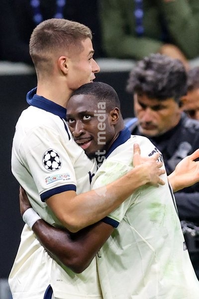 Club's Nicolo Tresoldi celebrates after scoring during a soccer game between Italian Inter Milan and Belgian Club Brugge KV, Tuesday 13 October 2026 in Milan, Italy, on day 2 of the UEFA Champions League league phase