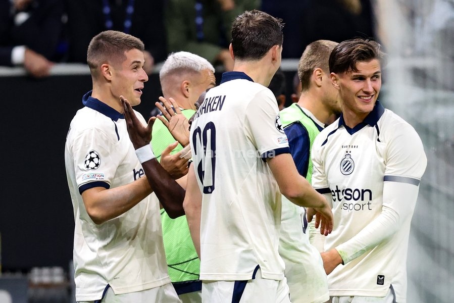 Club's Nicolo Tresoldi celebrates after scoring during a soccer game between Italian Inter Milan and Belgian Club Brugge KV, Tuesday 13 October 2026 in Milan, Italy, on day 2 of the UEFA Champions League league phase