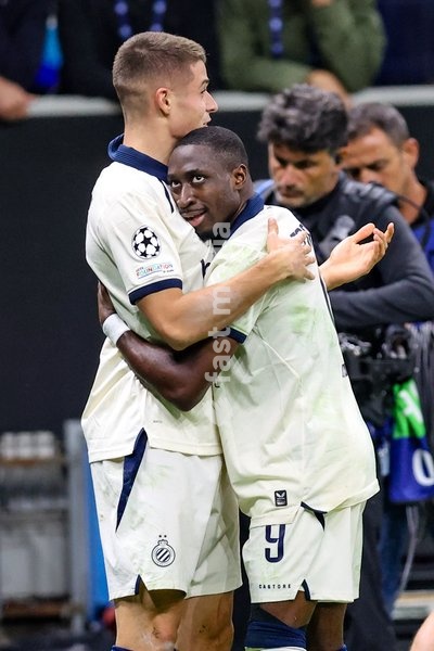 Club's Nicolo Tresoldi celebrates after scoring during a soccer game between Italian Inter Milan and Belgian Club Brugge KV, Tuesday 13 October 2026 in Milan, Italy, on day 2 of the UEFA Champions League league phase
