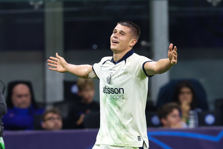 Club's Nicolo Tresoldi celebrates after scoring during a soccer game between Italian Inter Milan and Belgian Club Brugge KV, Tuesday 13 October 2026 in Milan, Italy, on day 2 of the UEFA Champions League league phase
