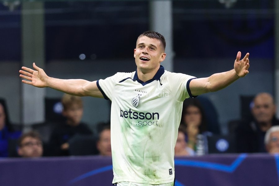 Club's Nicolo Tresoldi celebrates after scoring during a soccer game between Italian Inter Milan and Belgian Club Brugge KV, Tuesday 13 October 2026 in Milan, Italy, on day 2 of the UEFA Champions League league phase