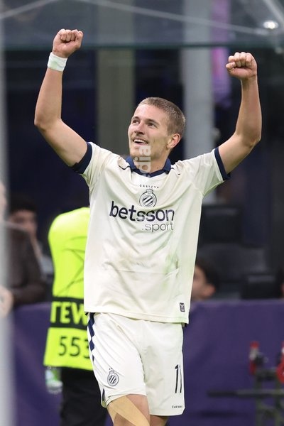 Club's Romeo Vermant celebrates after scoring during a soccer game between Italian Inter Milan and Belgian Club Brugge KV, Tuesday 13 October 2026 in Milan, Italy, on day 2 of the UEFA Champions League league phase