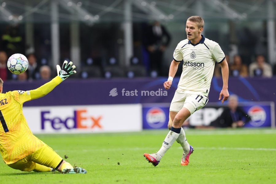Club's Romeo Vermant scores a goal during a soccer game between Italian Inter Milan and Belgian Club Brugge KV, Tuesday 13 October 2026 in Milan, Italy, on day 2 of the UEFA Champions League league phase