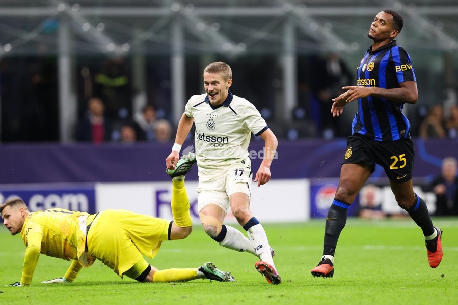 Club's Romeo Vermant celebrates after scoring during a soccer game between Italian Inter Milan and Belgian Club Brugge KV, Tuesday 13 October 2026 in Milan, Italy, on day 2 of the UEFA Champions League league phase