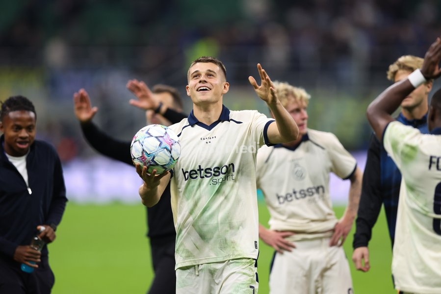 Club's Nicolo Tresoldi celebrates after a soccer game between Italian Inter Milan and Belgian Club Brugge KV, Tuesday 13 October 2026 in Milan, Italy, on day 2 of the UEFA Champions League league phase