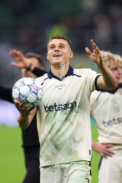 Club's Nicolo Tresoldi celebrates after a soccer game between Italian Inter Milan and Belgian Club Brugge KV, Tuesday 13 October 2026 in Milan, Italy, on day 2 of the UEFA Champions League league phase