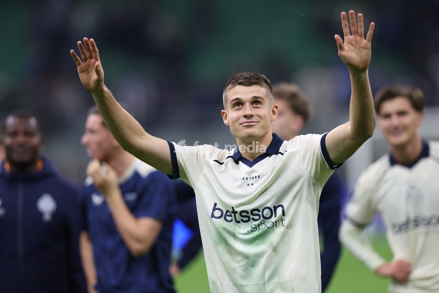 Club's Nicolo Tresoldi celebrates after a soccer game between Italian Inter Milan and Belgian Club Brugge KV, Tuesday 13 October 2026 in Milan, Italy, on day 2 of the UEFA Champions League league phase