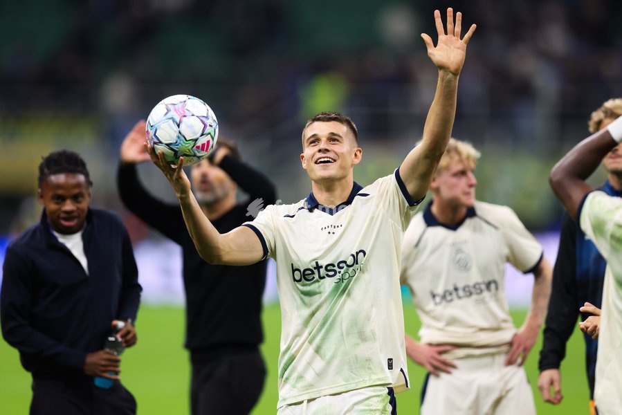 Club's Nicolo Tresoldi celebrates after a soccer game between Italian Inter Milan and Belgian Club Brugge KV, Tuesday 13 October 2026 in Milan, Italy, on day 2 of the UEFA Champions League league phase