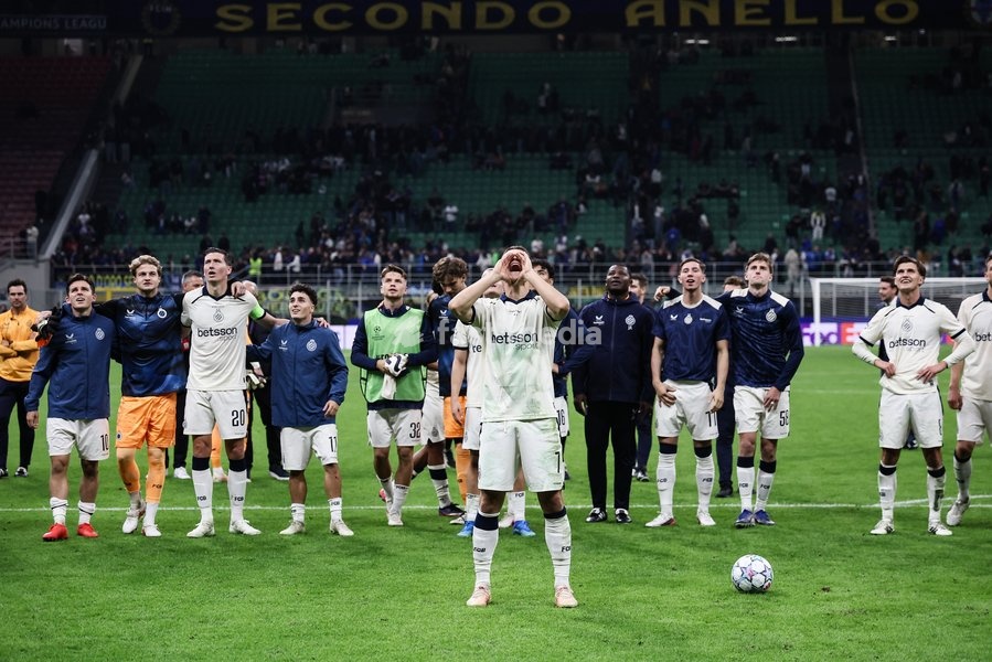Club's players celebrate after a soccer game between Italian Inter Milan and Belgian Club Brugge KV, Tuesday 13 October 2026 in Milan, Italy, on day 2 of the UEFA Champions League league phase