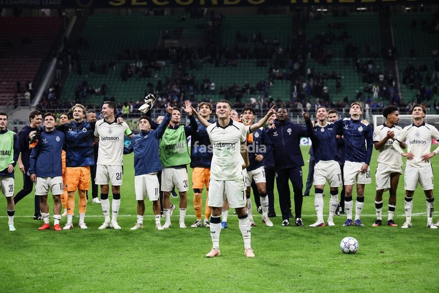 Club's players celebrate after a soccer game between Italian Inter Milan and Belgian Club Brugge KV, Tuesday 13 October 2026 in Milan, Italy, on day 2 of the UEFA Champions League league phase